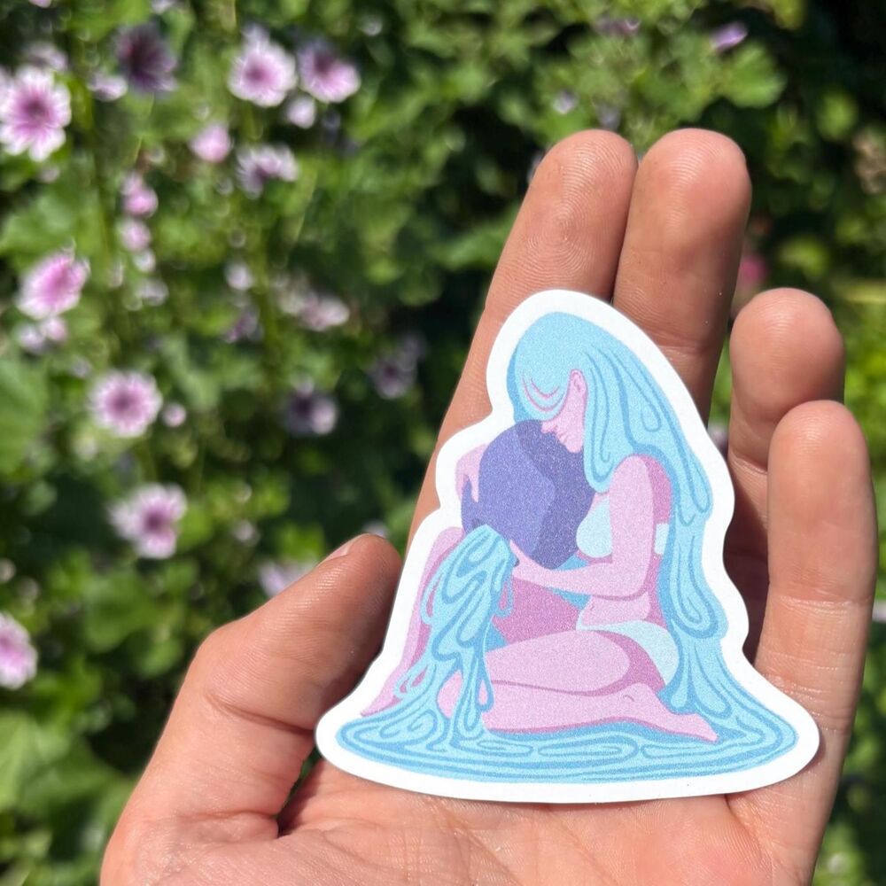 Aquarius Sticker - Artistic Waterbearer with Flowing Hair & Water, Pale Blue and